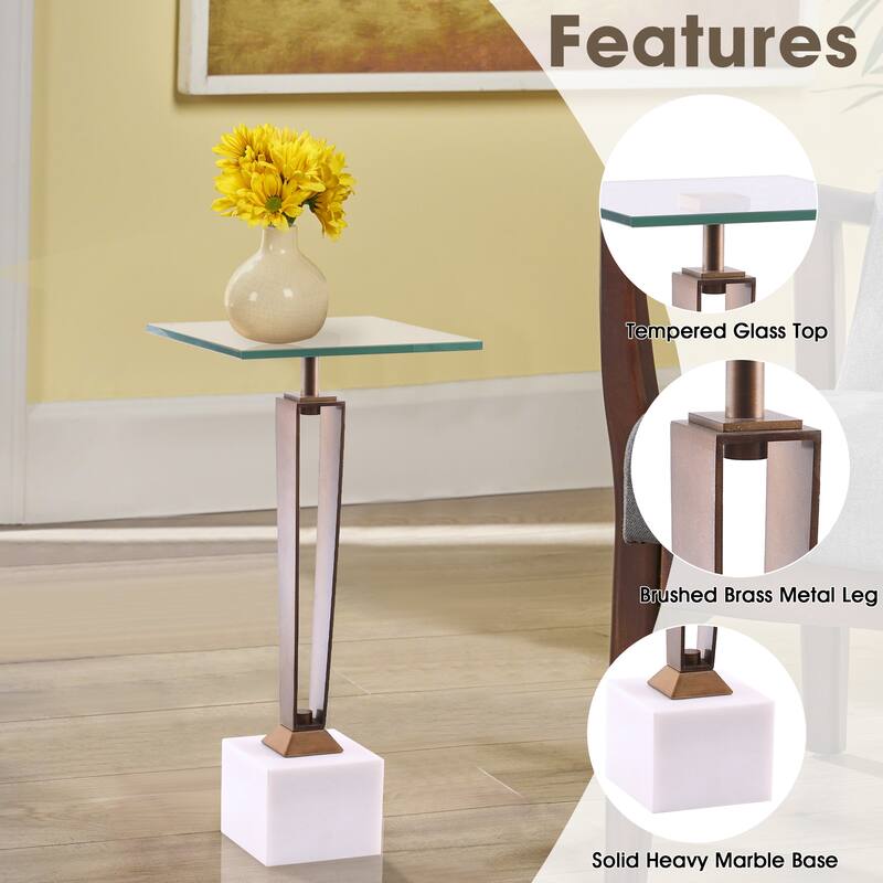Antique Brass Square Glass Marble Pedestal Table Sofa Side Table