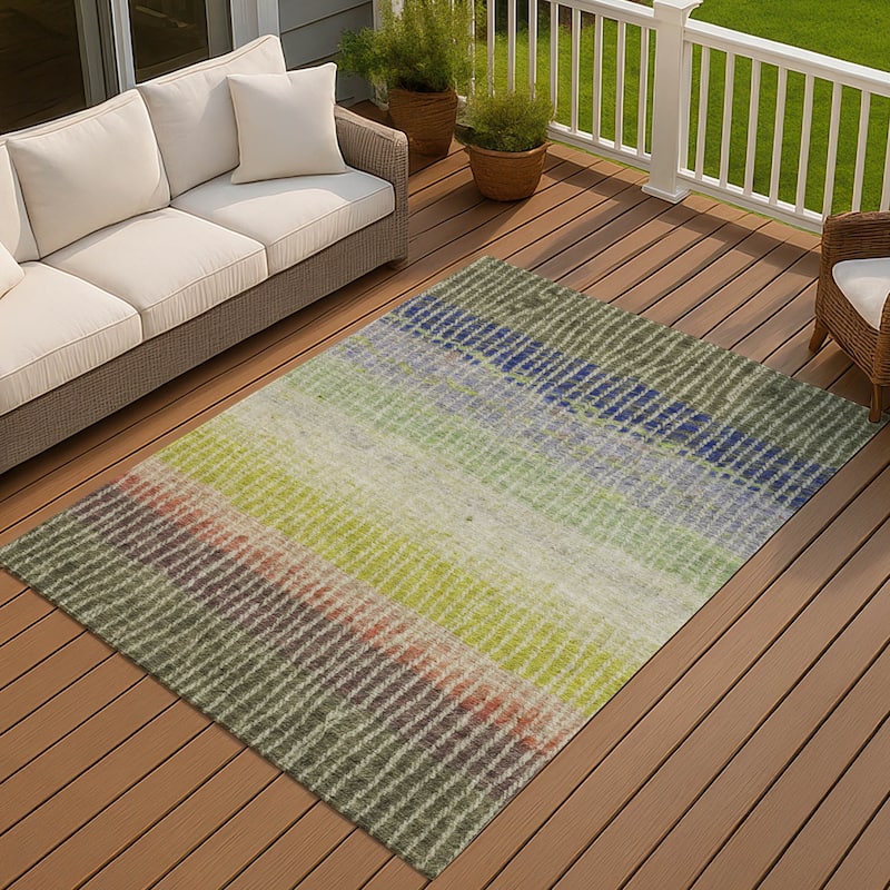 Machine Washable Indoor/ Outdoor Contemporary Stripes Chantille Rug - Olive - 10' x 14'