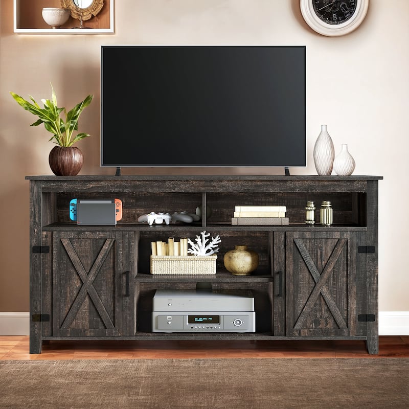 Moasis Farmhouse Barn Door Wood TV Stand with Power Outlet, Entertainment Center with Shelves for TV up to 65"