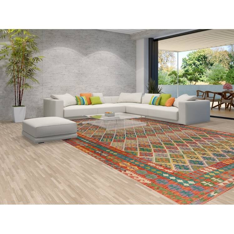 All-Over Trellis Kilim Oriental Large Rug Flatweave Wool Carpet - 10'1"x 16'8"