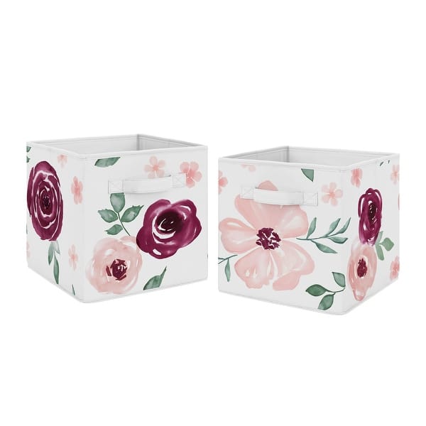 slide 2 of 4, Burgundy Pink Watercolor Floral Foldable Fabric Storage Bins - Blush Maroon Wine Rose Green White Shabby Chic Flower Farmhouse
