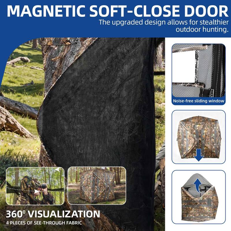 Moasis Hunting Blind 2-3 Person with Hunting Stool, 360 Degree See Through Pop up Ground Blinds for Hunting