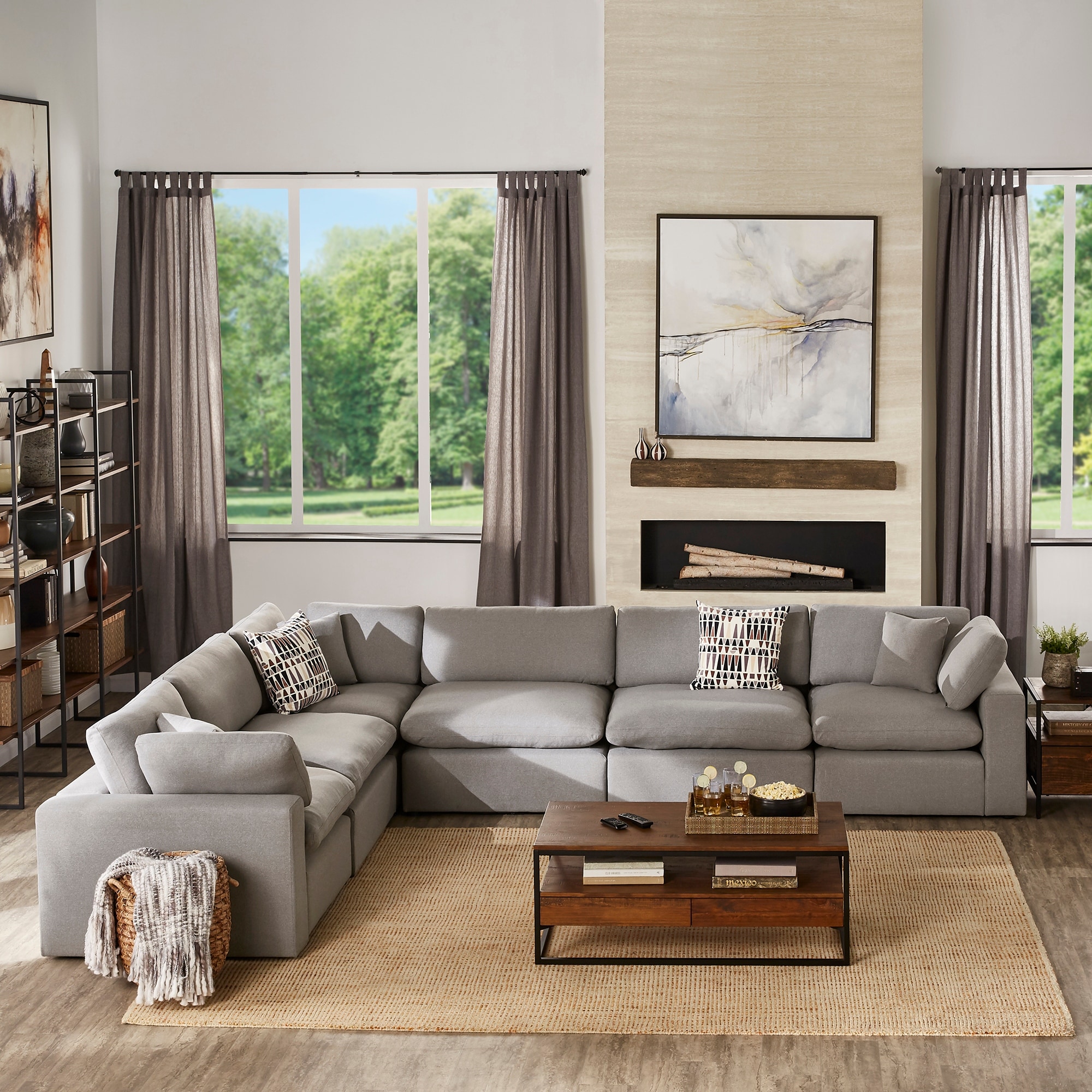 iNSPIRE Q Modern Anka Grey Linen Down Filled Cushioned 6-Seat Sectional Sofa