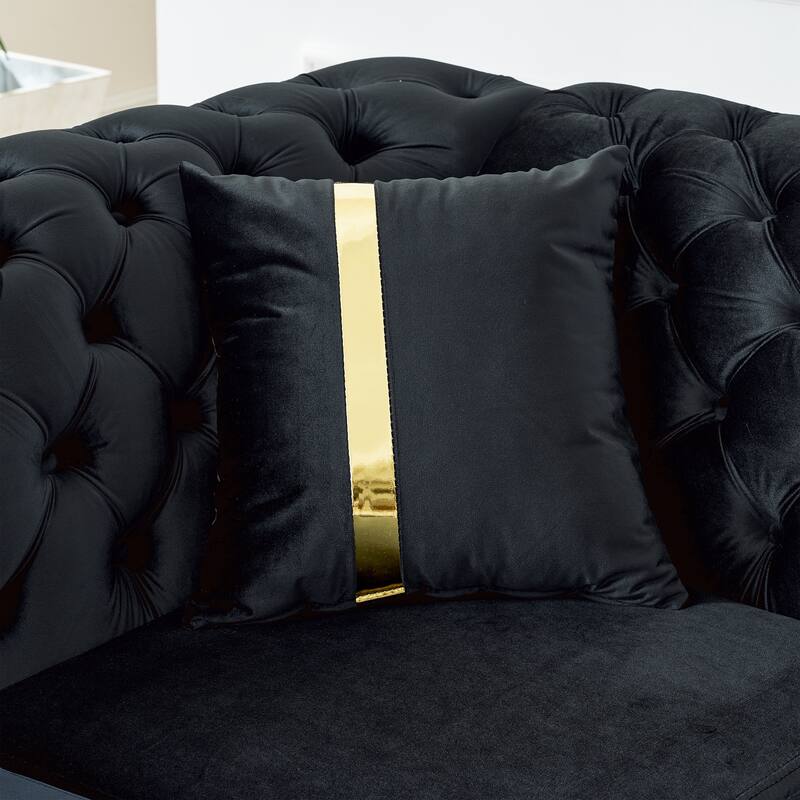 106 Inches L-Shaped Chesterfield Sectional Sofa Set, Velvet Button Tufted with Gold Stainless Steel Accents, Black