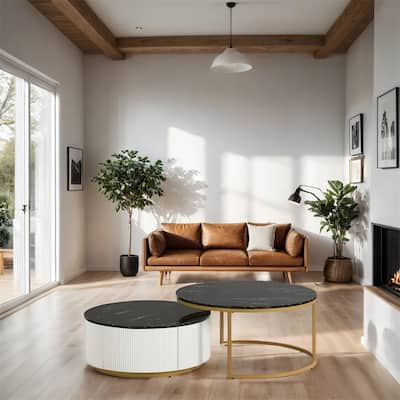 31.5" Modern Round Wood Nesting Coffee Table with Drawer