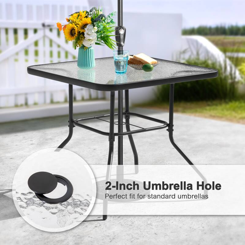 Square Metal Outdoor Dining Table with Umbrella Hole and Tempered Glass Tabletop, Black