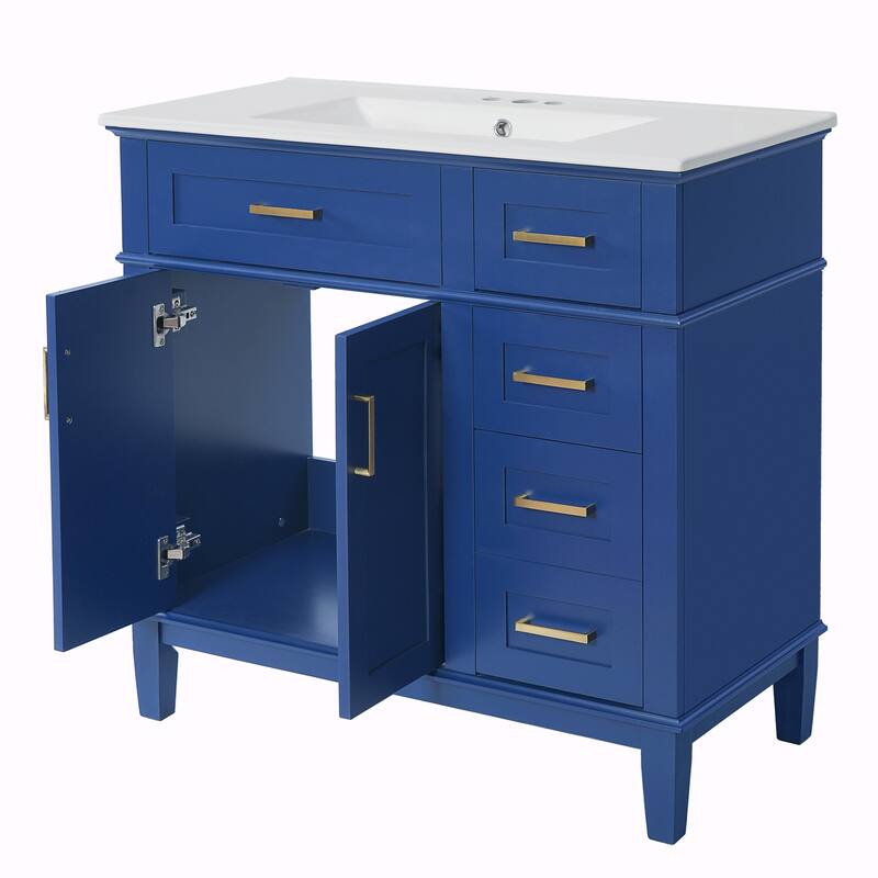 36" Modern Bathroom Vanity with Ceramic Sink, Soft Close Doors, 4 Drawers for Storage