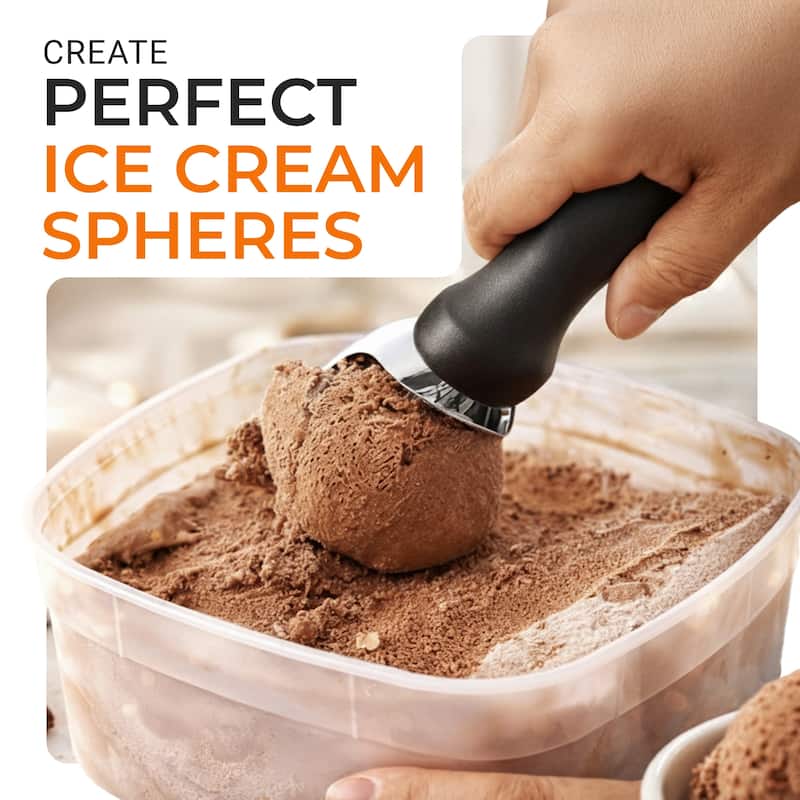 Cheer Collection Heavy Duty Ice Cream Scoop Stainless Steel with Curved Head and Lid Opener Black 7.87 Inch