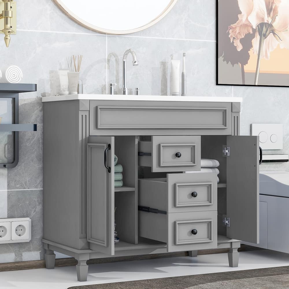 Modern Bathroom Storage Vanity with Top Sink, 2 Soft Closing Doors & 2 Drawers