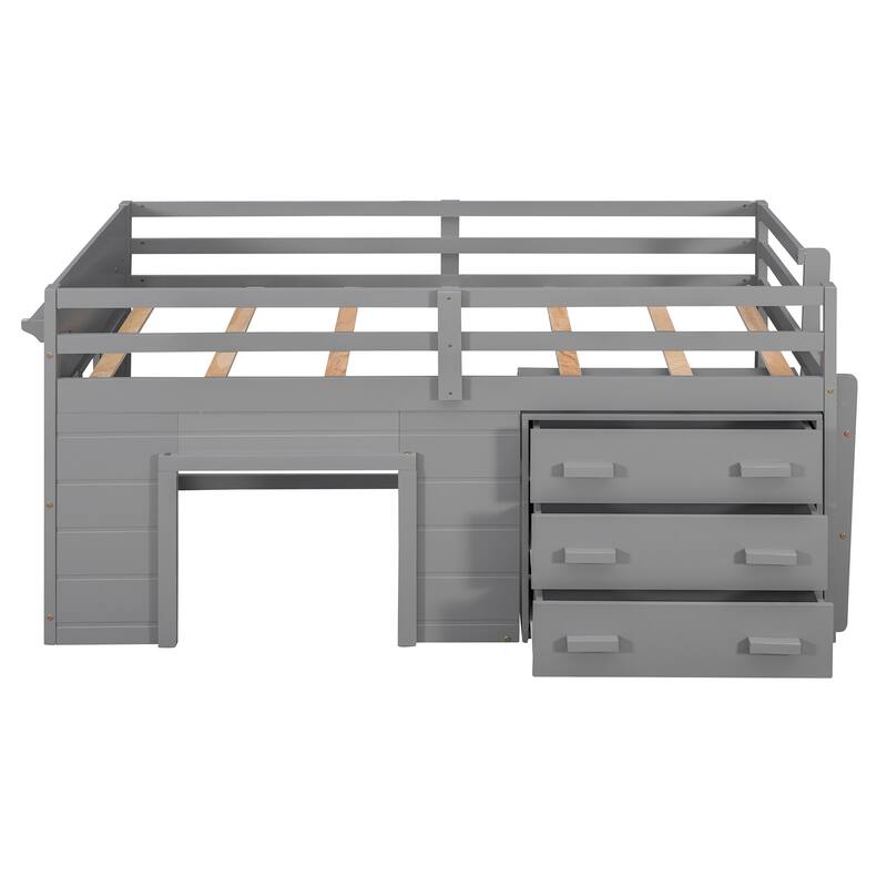 Compact Twin Loft Bed with Storage Cabinet and Shelf in Gray