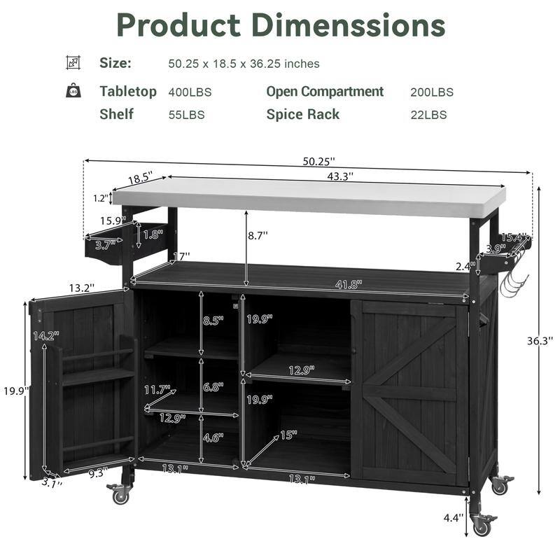 Outdoor Kitchen Island, Rolling Bar Cart & Storage Cabinet, Farmhouse Outdoor Grill Table with Stainless Steel Top & Towel Rack