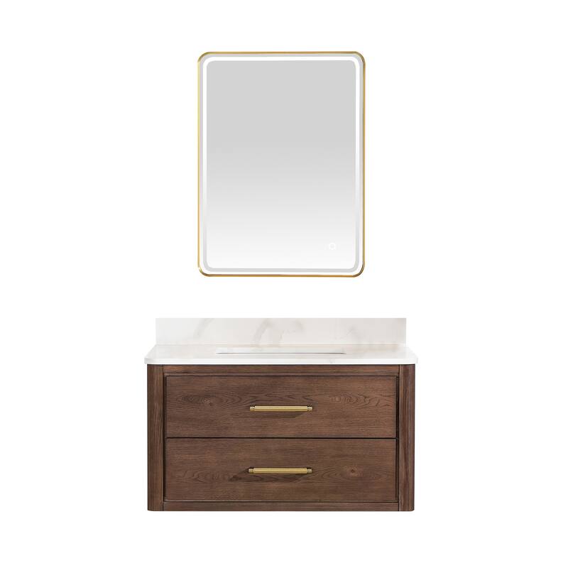 Cristo Floating Bath Vanity with White Quartz Stone Top and Mirror - 36 in. - Dark Brown Oak