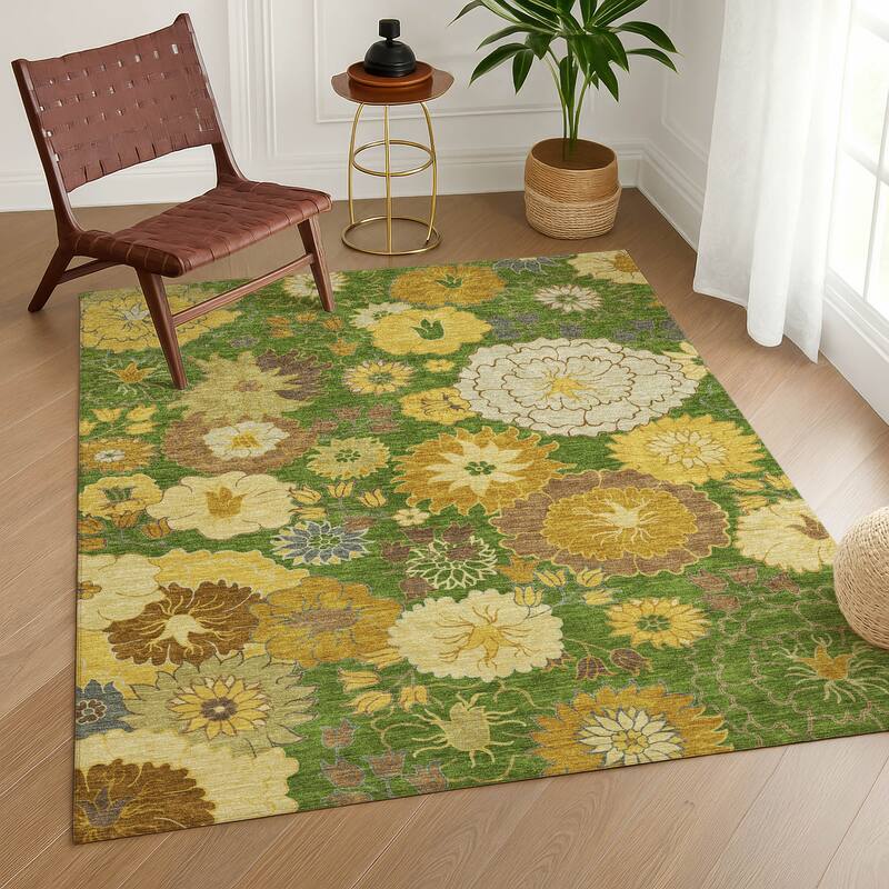 Machine Washable Indoor/ Outdoor Modern Floral Chantille Rug