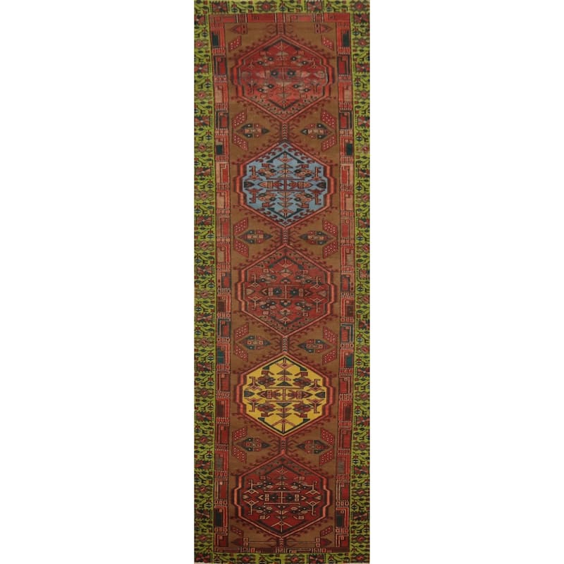 Hand Knotted Oriental 100% Wool Carpet Traditional Tribal Brown Ardebil Runner Rug - 10' 7'' X 2' 10''