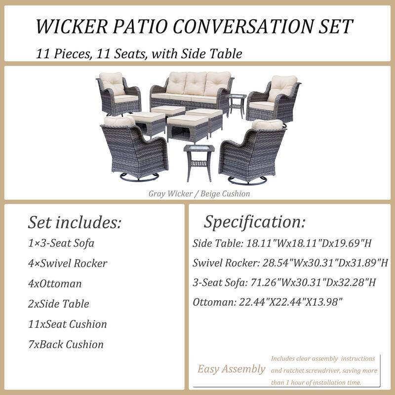 11 Piece Outdoor Wicker Patio Conversation Swivel Chairs Furniture Set