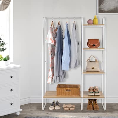Metal Freestanding Clothing Rack with 5 Wooden Shelf,Garment Rack