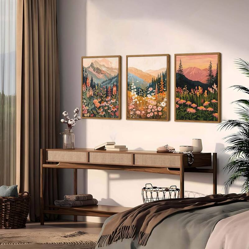 Colorful Mountain Wall Art Set of 3, Vintage Wildflower Landscape