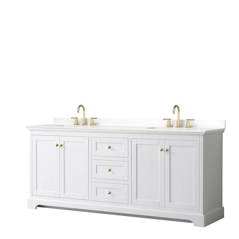 Avery 80-inch Double Vanity, Quartz Top - White, Gold Trim, White Quartz Top