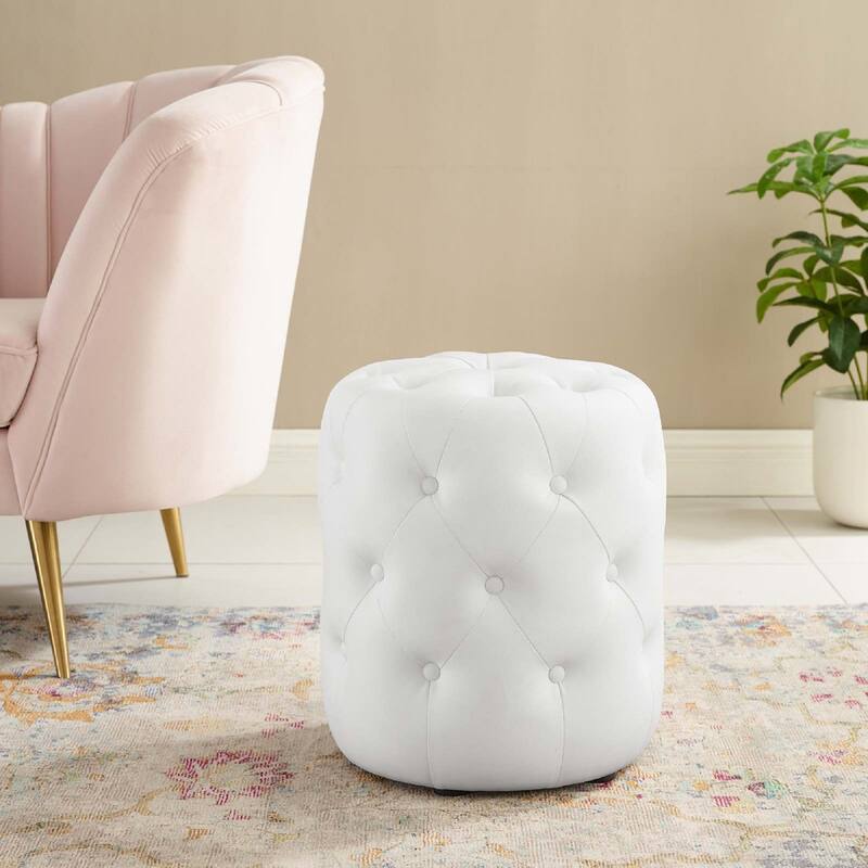 Modway Amour Tufted Vegan Leather Round Upholstered Ottoman in White