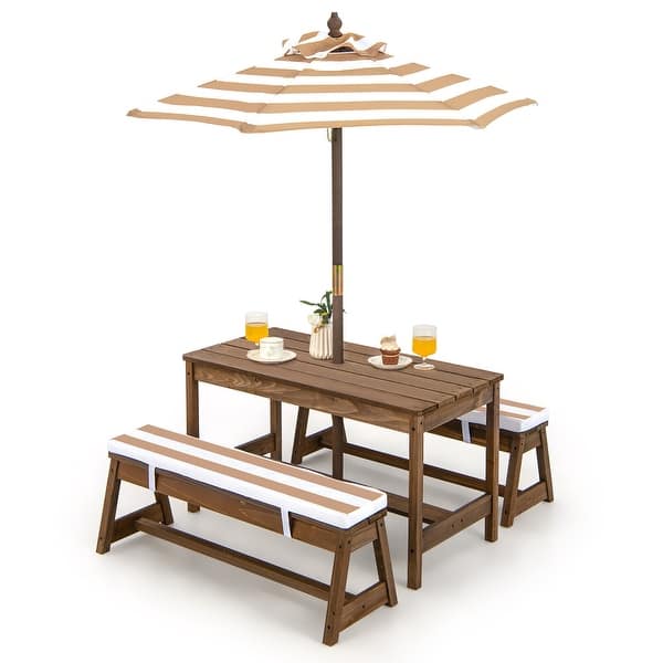 slide 2 of 20, Gymax Kids Wood Picnic Table and Bench Set w/ Cushions Umbrella for Brown