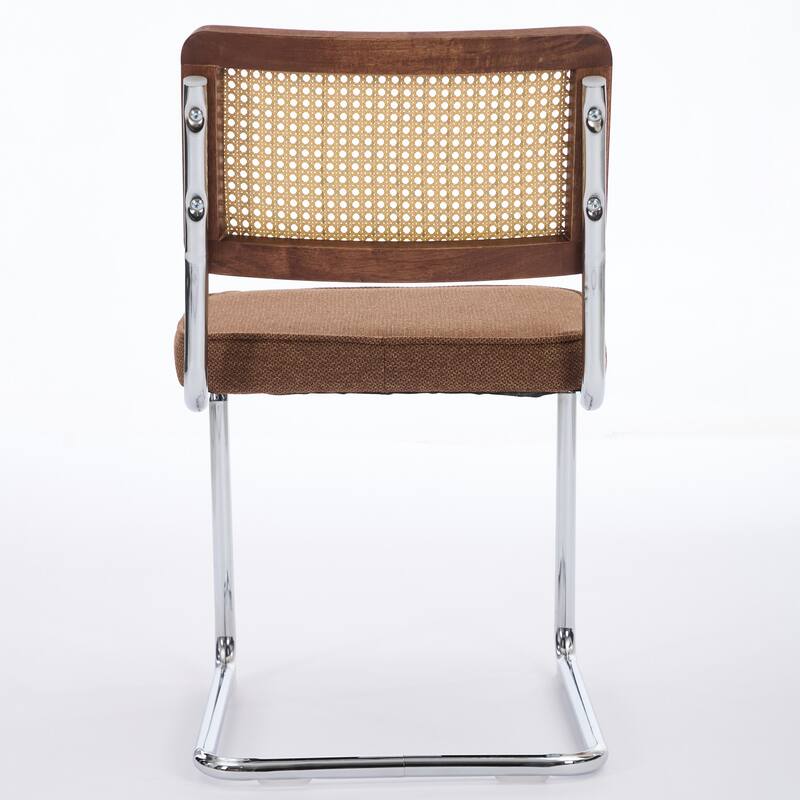 GDF Studio - Mid-Century Linen Dining Chairs with Natural Rattan Cane Back & Chrome Cantilever Base, Set of 2