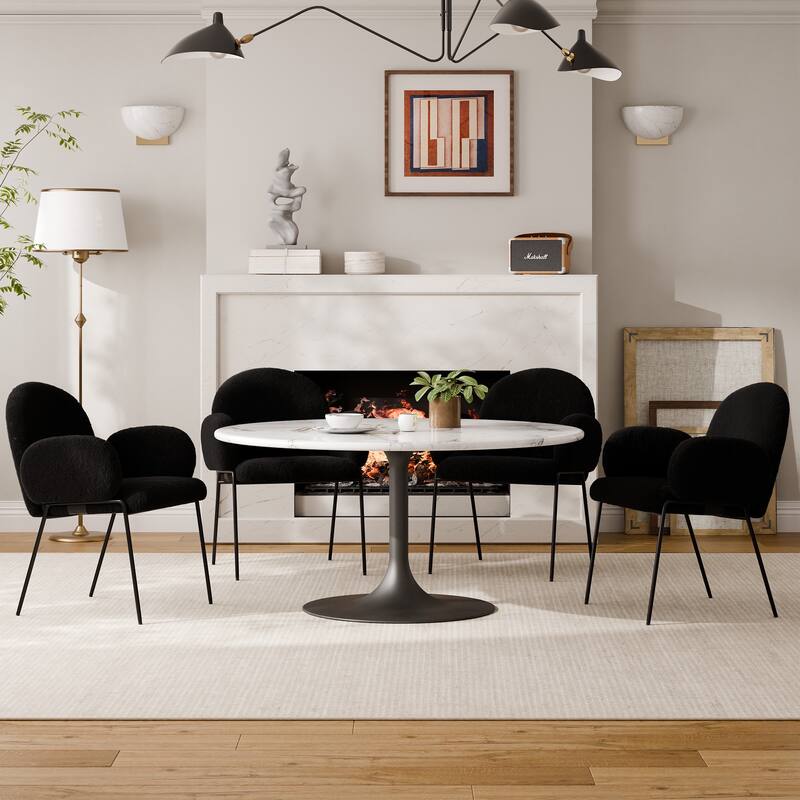 Modern Upholstered Boucle Dining Chair with Armrests - Set of 6 - Black