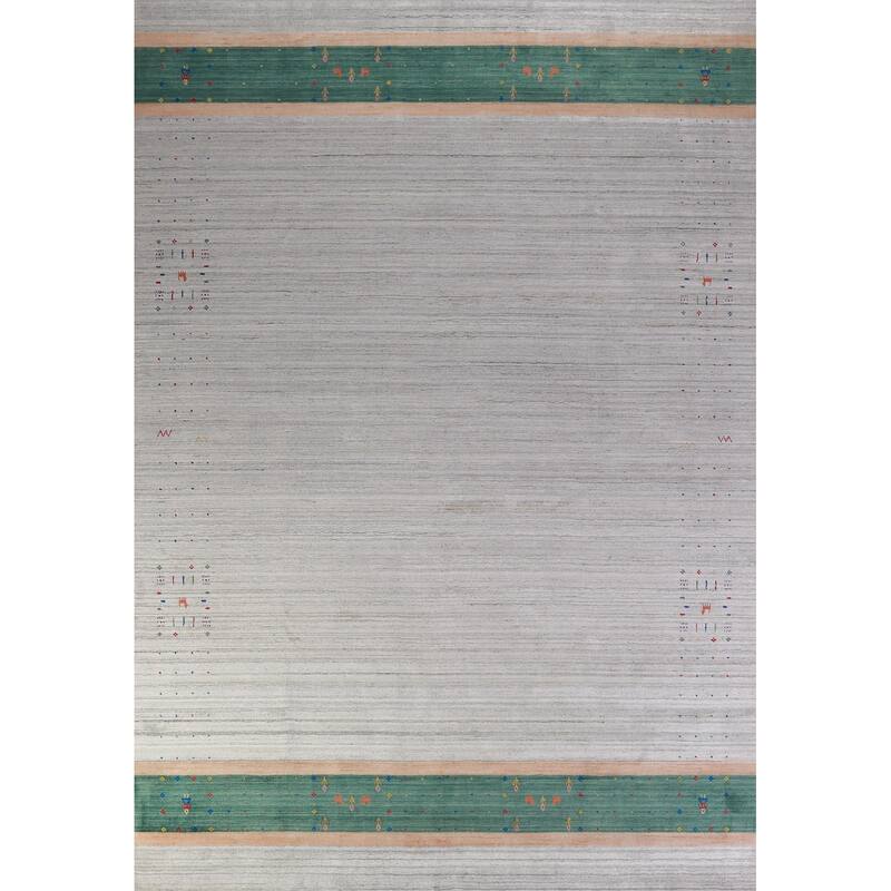 Hand Knotted Oriental 100% Wool Carpet Tribal Stripe Greys & Charcoal Gabbeh Area Rug - 12' 6'' X 9' 2''