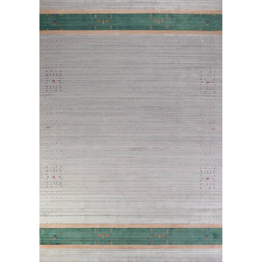 Hand Knotted Oriental 100% Wool Carpet Tribal Stripe Greys & Charcoal Gabbeh Area Rug - 12' 6'' X 9' 2''