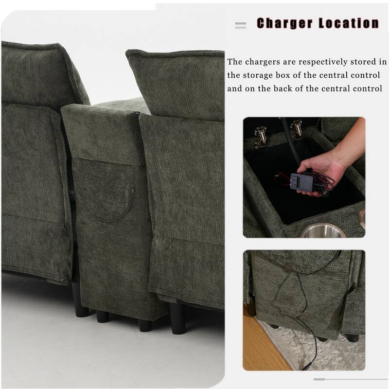 U-Shaped Chenille Modular Sofa with Bluetooth Speakers, Wireless Charging, Storage Console, 2 Cup Holders & Movable Ottoman
