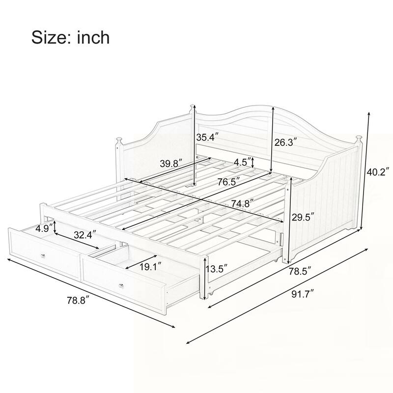Wood Daybed with Extended Pop Up Trundle and Storage Drawers