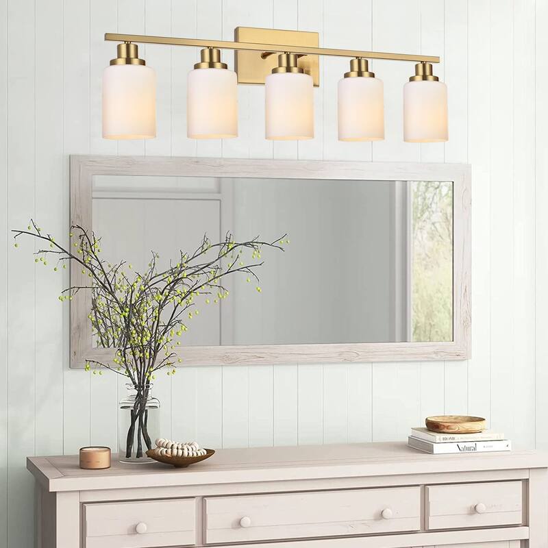 4-Light Bathroom Light Fixtures Brushed Brass 6-Light Bathroom Vanity Light, Bathroom Lights Over Mirror with Milky Glass Shade