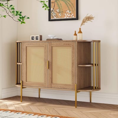 47.20” Modern 2 Woven Rattan Door Curved Dining Cabinet with Open Storage and Gold Metal Legs