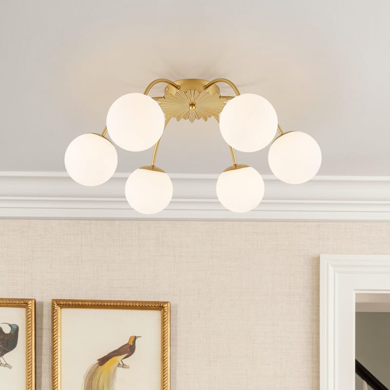 Mid-Century 12-Light Milky Glass Globe Sputnik Ceiling Light - 39in - Brass-6 Light Semi Flush Mount
