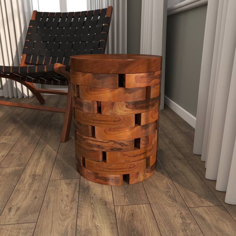 Teak Wood Handmade Live Edge Accent Table with Brick Inspired Design - Light Brown, Brown