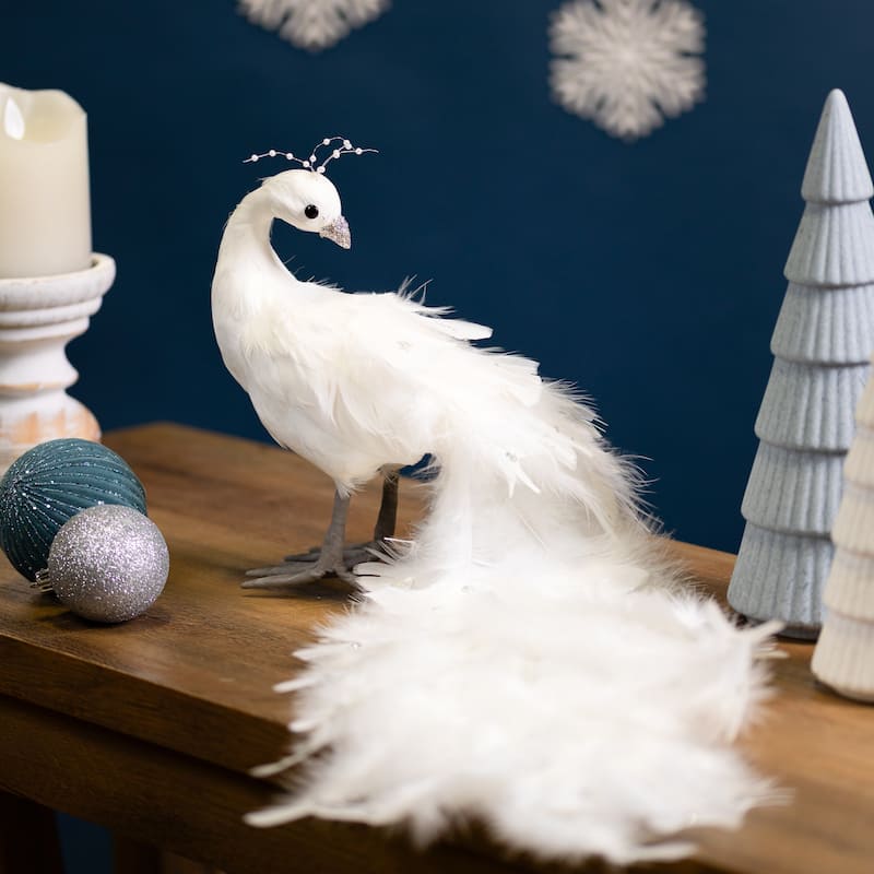 Jeweled and Glittered Peacock Christmas Decoration with Faux Pearls - 24" - White