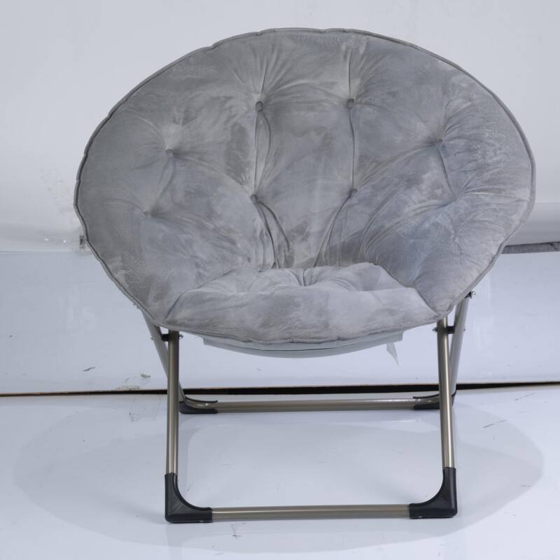 Comfy Folding Saucer Chair for Bedroom, Faux Fur Lounge Moon Chair with Sturdy Metal Frame, Oversized Plush Flower - Gray With Black Legs