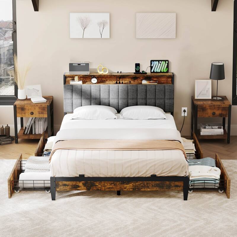 Upholstered Platform Bed with Charging Station and Storage Headboard