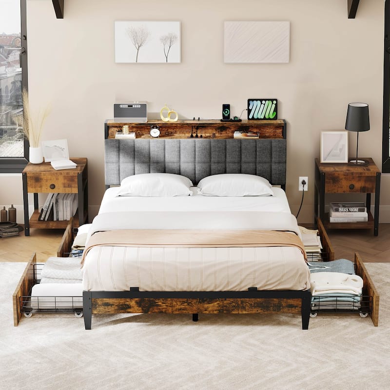 Moasis Storage Platform Bed Frame with Power Outlets and 4 Storage Drawers