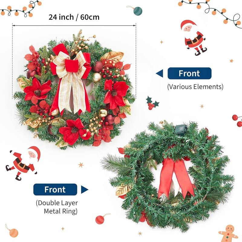 24" Christmas Wreath for Front Door, Office, Apartment, Easy Hanging
