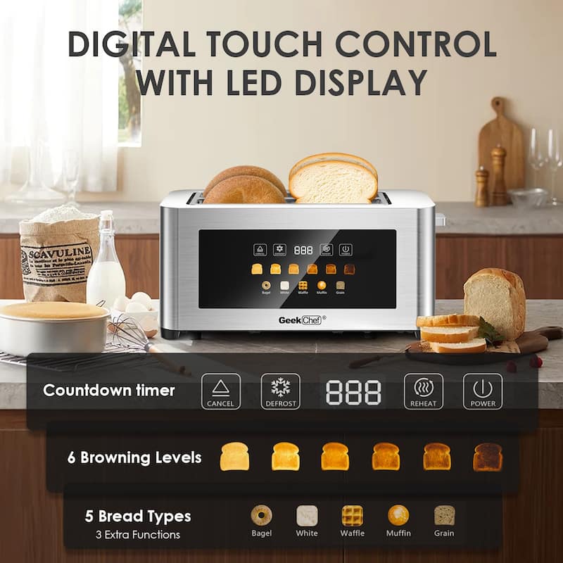 Anmytek 4-Slice Toaster Kitchen Essential - Extra Wide Entrance Stainless Steel LED Touch Display