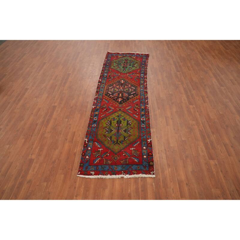 Hand Knotted Oriental 100% Wool Carpet Traditional Geometric Red Heriz Runner Rug - 10' 0'' X 2' 11''