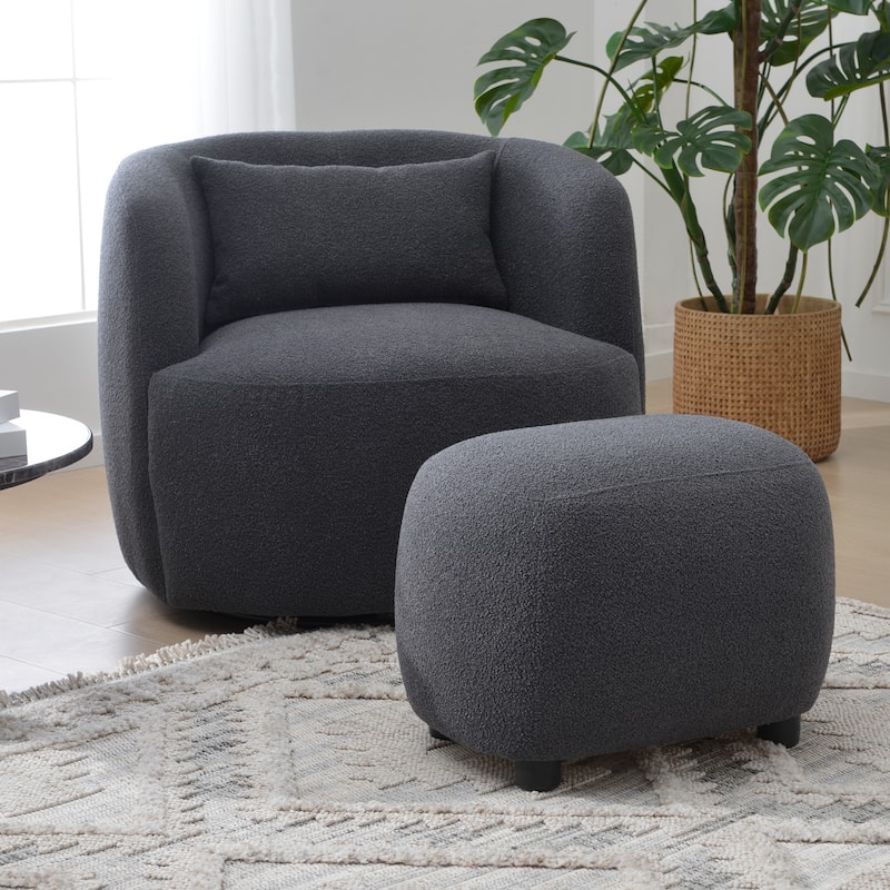 KINWELL 2-Piece Sherpa Living Room Set 1 Accent Chair 1 Boucle Ottoman - Dark Grey - 2 Piece