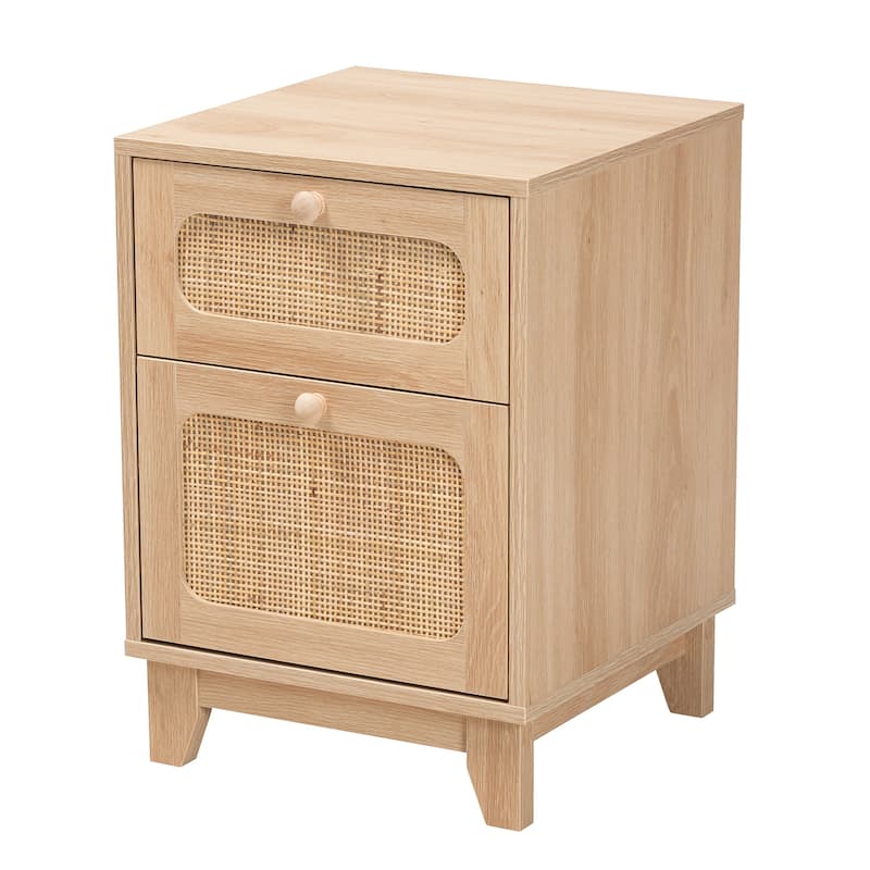 Elsbeth Mid-Century Modern Light Brown Finished Wood and Natural Rattan 1-Drawer End Table - Light Brown, Natural Brown