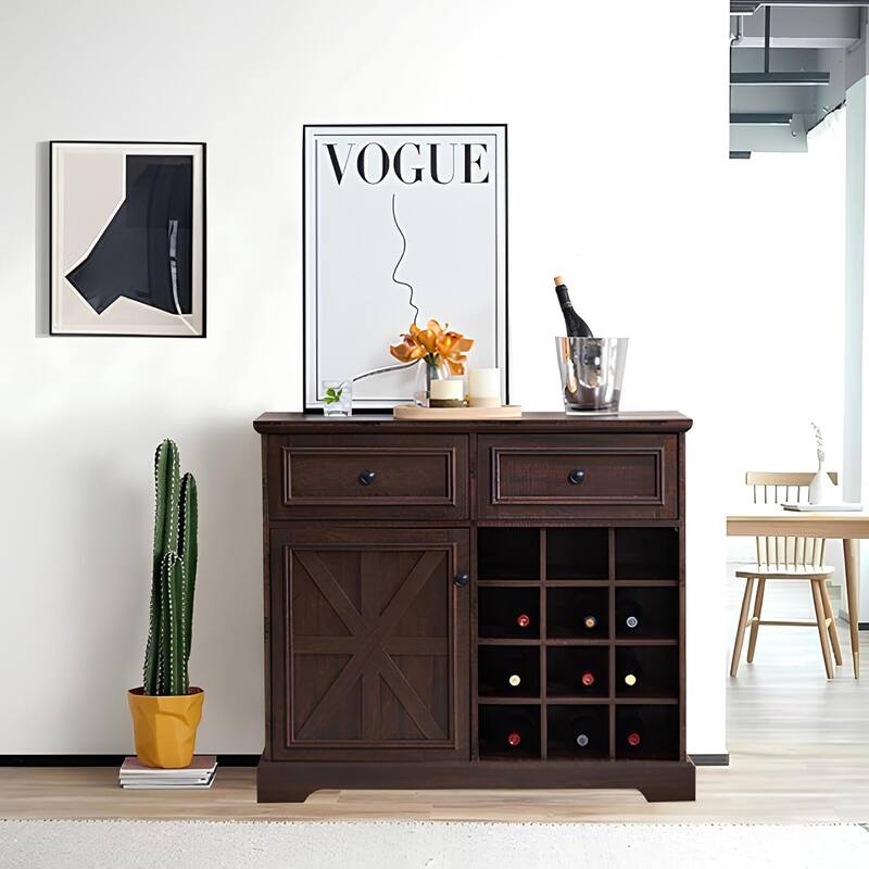 Roomfitters Farmhouse Buffet Cabinet with Storage Sideboard with 2 Drawers, Wine Bar Cabinet with Removable Wine Racks Storage