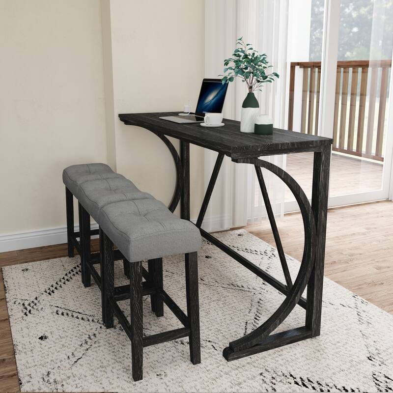 Roomfitters 4-Piece Bar Table Set with Power Outlet and Stools, Industrial Pub Dining Table for Living Room