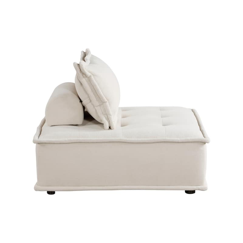 Zoe 40 Inch Ottoman Chair, Modular, Beige Boucle, Button Tufted, Solid Wood