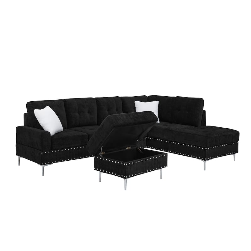 Chenille L-Shaped Sectional Sofa with Chaise & Storage Ottoman, Corner Sofa with 2 Pillows, Metal Legs & Copper Nails