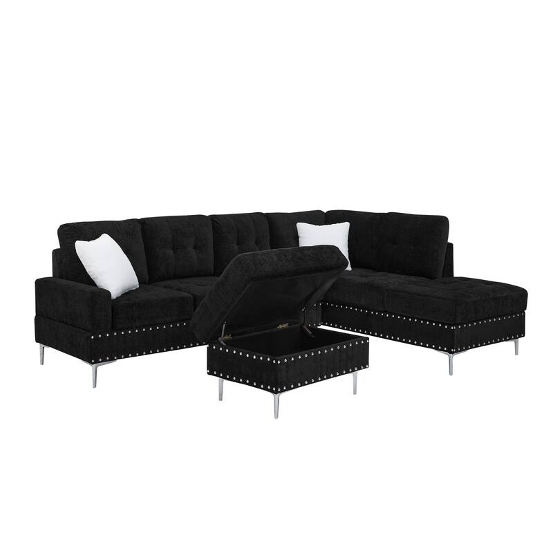 Roomfitters Sectional 3-Seater Sofa with Chaise, Storage Ottoman, Metal Legs, Nailhead Trim and Two Pillows