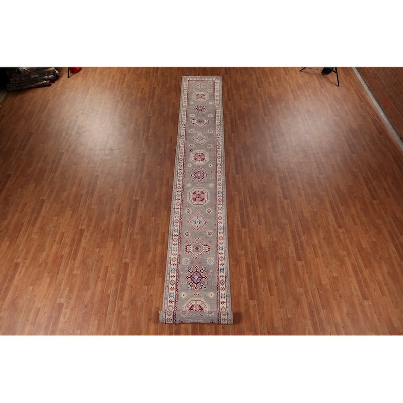Gray Geometric Kazak Runner Rug Handmade Oriental Wool Carpet - 2'8" x 19'5"