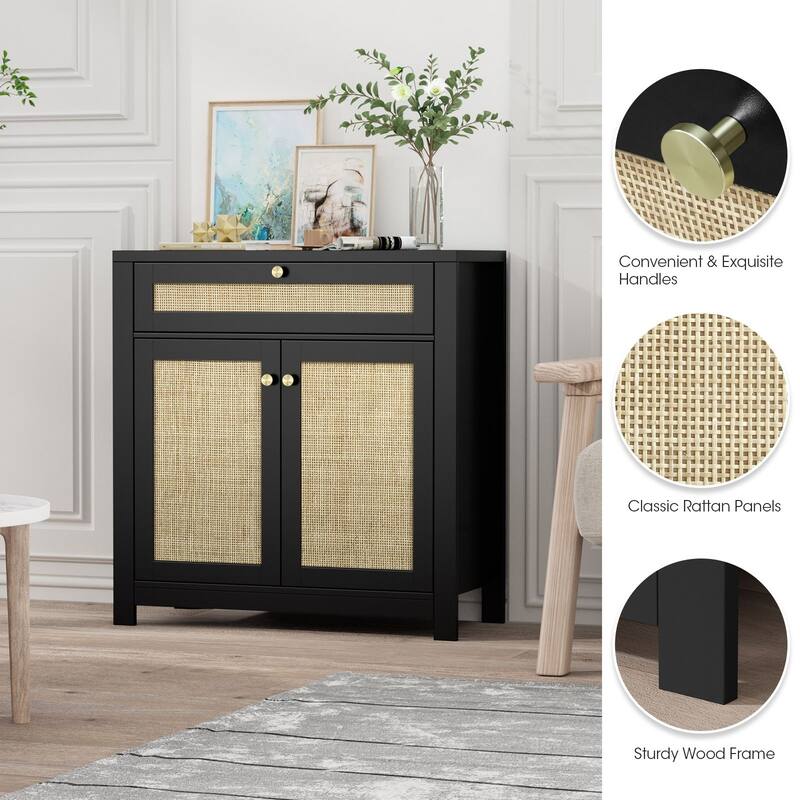 Anmytek Black 2 Door Storage Cabinet with Drawer Farmhouse Rattan Sideboard Buffet 31.5"W x 13.7"D x 32.8"H